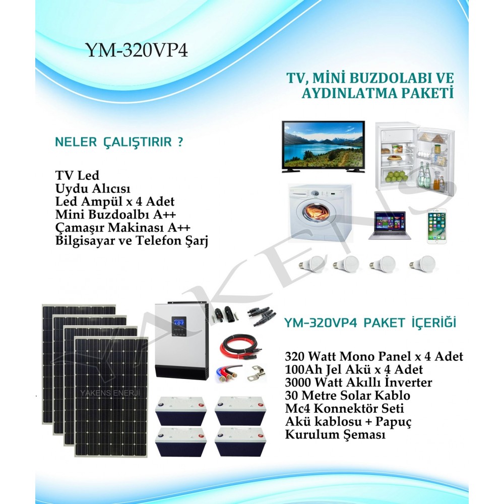 Çamaşır Makinası + Buzdolabı + Tv + Aydınlatma Monokristal Hazır Solar Paket YM-320VP4 Paket 1